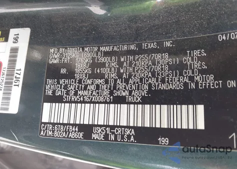 2007 Toyota Tundra Sr5 V8 z USA, uszkodzony, nr VIN 5TFRV54167X008761